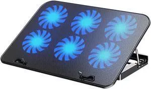 Updated Laptop Cooling Pad, Laptop Cooler with 6 Quiet Fans with Blue Lights for 12-18 Inch Notebook Gaming Fan Stable Stand, 5 Height & Wind Speed Adjustable, 2 USB Port,Black