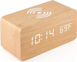 Alarm Clock with Qi Wireless Charging Pad compatible with iPhone Samsung Wood LED Digital Clock Sound Control Function, Time Date, Temperature Display for Bedroom Office Home