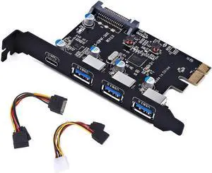 PCI Express(PCIe) to USB 3.0 Type C +Type A Expansion Card,PCI-E to USB Add-on Cards with 4 Ports USB 15 Pin SATA Power Connector for Desktop PC