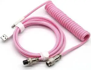 Coiled Keyboard Cable for Gaming Mechanical Keyboard, Handwork Braided + PET Mesh, Metal Plug, with Detachable Metal Aviator Connector, 3 Meters USB C Aviator Cable (Pink)