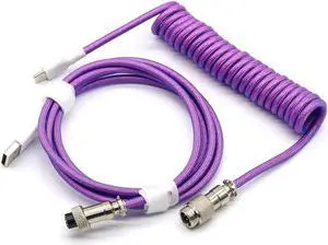 Coiled Keyboard Cable for Gaming Mechanical Keyboard, Handwork Braided + PET Mesh, Metal Plug, with Detachable Metal Aviator Connector, 3 Meters USB C Aviator Cable (Purple)