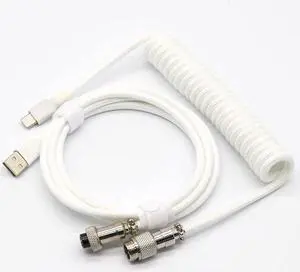 Coiled Keyboard Cable for Gaming Mechanical Keyboard, Handwork Braided + PET Mesh, Metal Plug, with Detachable Metal Aviator Connector, 3 Meters USB C Aviator Cable (White)