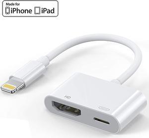 Lightning to HDMI Adapter Lightning to Digital AV Adapter 1080P with Lightning Charging Port for Select iPhone, iPad and iPod Models and TV Monitor Projector White