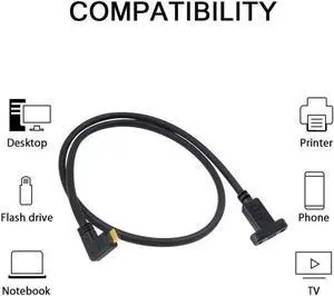 90 Degree USB C Male to Female Extension Cable 2feet/60cm, Right Angled USB 3.1 Type C Extender Charging & Sync Cable with Panel Mount Screw Hole (USB C Right)