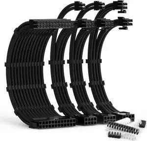 PSU Cable Extension Kit 30CM Length with Cable Combs 1x24Pin/1x8Pin(4+4) EPS/2x8Pin(6P+2P) PCI-E/PC Sleeved Cable for ATX Power Supply(Black)