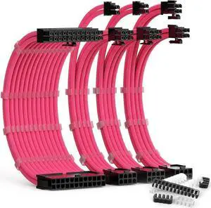PSU Cable Extension Kit 30CM Length with Cable Combs 1x24Pin/1x8Pin(4+4) EPS/2x8Pin(6P+2P) PCI-E/PC Sleeved Cable for ATX Power Supply(Pink)