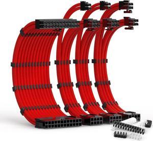 PSU Cable Extension Kit 30CM Length with Cable Combs 1x24Pin/1x8Pin(4+4) EPS/2x8Pin(6P+2P) PCI-E/PC Sleeved Cable for ATX Power Supply(Red)