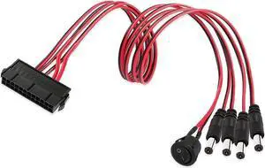 ATX Power 24 Pin to 4 DC5521 and Power Switch Cable, 24P Female to 12V DC 5.5mm x 2.1mm Male Adapter with ON/Off, Inserted into PC Power Supply 24P Male, Leading to DC Power Supply (0.5m)