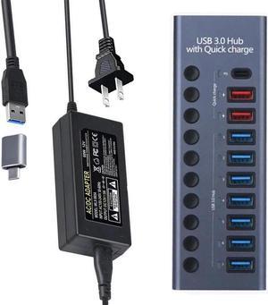 Powered USB Hub 3.0 Aluminum, 10-Port USB Splitter Hub with Smart Charging Ports, Individual On/Off Switches and 12V/5A Power Adapter USB Extension for MacBook, Mac Pro/Mini and More