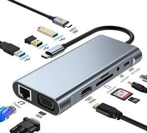 USB Splitter Docking Station, 11 in 1 Multiport USB C Adapter with 4K HDMI, VGA, Gigabit Ethernet, USB C, 3*USB 3.0 Ports, 100W PD, 3.5mm Audio Compatible for MacBook, Pad Pro, Laptop, PC