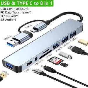 USB C Hub USB Hub 3.0, Aluminum USB Splitter with 1 x USB 3.0, 3 x USB 2.0 and 1 x USB C, SD/TF Card Reader, 3.5mm Aux Ports for MacBook Pro Air and More PC/Laptop/Tablet Devices