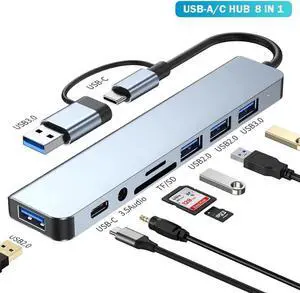 USB HUB Adapter 8 in 1 Type C Plug Dual Port Connector,Hub Adapter, SD Reader, 2 USB 3.0 Ports for MacBook, iPad,Laptop and More Type C Devices