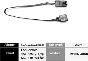 For Motherboard RGB (Aura/Mystic Light) to Fan 4Pin Adapter Cable 25cm