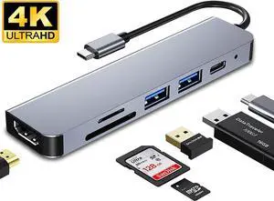 USB C Hub, 6 in 1 USB C Adapter, USB C Dongle with 4K to HDMI, 87W PD Charging Port, 2 USB 3.0 Ports, SD/TF Card Reader, USB-C Hub for MacBook Pro, iPad Pro, XPS More Type C Devices