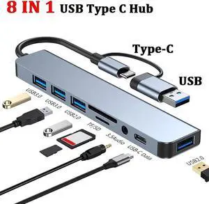8 In 1 USB C Hub Speed 5.0Gbps Multiport Type C Adapter USB 3.0/2.0 Ports 3.5-mm Jack SD/TF Card Reader for All Type C Laptops
