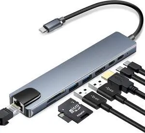 USB C Hub Adapter, 8-in-1 4K USB C to HDMI Type C to RJ45 Ethernet,2X USB C to USB 3.0 ,SD/TF Card Reader,3.0 Power Delivery, USB-C Data Port,Portable Compatible with MacBook 2018 Ipad Pro XPS13