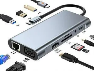 USB C Docking Station Hub 11 in 1, USB C Splitter Adapter with 4K HDMI, VGA, Gigabit, USB C, 3*USB 3.0 Ports, 100W USB-C PD, 3.5mm Aux Ports Adapter for Laptop and PC Computer