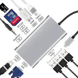 USB C Hub Adapter, 10 in 1 USB Type C Adapter Dock with 3 USB 3.0 Port, 4K HDMI, 1080P VGA, RJ45 Gigabit Ethernet, 3.5mm Audio Output, SD/TF Card Reader and USB Type-C PD for MacBook Pro Mac Pro