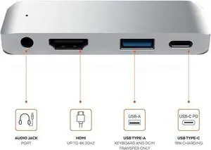 USB C Hub, 4 in 1 Type C Hub Adapter with 1 USB 3.0 Port, 3.5mm Headphone Jack, PD Charging and 4k HDMI, for iPad Pro 11"/12.9" 2018 & MacBook Pro and Other Type C Devices, Silver
