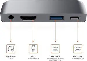 USB C Hub, 4 in 1 Type C Hub Adapter with 1 USB 3.0 Port, 3.5mm Headphone Jack, PD Charging and 4k HDMI, for iPad Pro 11"/12.9" 2018 & MacBook Pro and Other Type C Devices, Grey