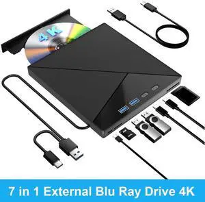 Aomoproing  7 in 1 External Blu Ray Drive, 4K Blu Ray Burner with USB 3.0 Type-C Portable Blu Ray Drive, CD DVD Burner 3D BD Player with SD/TF Ports, 4K Optical Drive Compatible with Windows, Linux, M