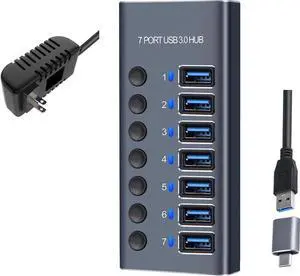 Powered USB Hub 3.0, Aluminum 7 Port USB 3.0 Data Hub Splitter with 12V/3A 36W Power Adapter and Individual On/Off Switches for Mouse, Keyboard, Hard Drive or More USB Devices