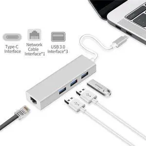 Ethernet Adapter USB C to USB 3.0 Hub, Thunderbolt 3 Hub to RJ45 Gigabit Ethernet Port, LAN Wired Network Adapter Converter for Mac, MacBook Pro Air, ChromeBook, Dell and Other Type C Laptops - Gray