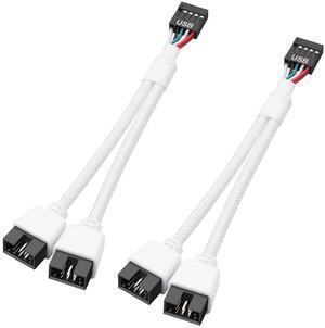 2 Pack Motherboard USB 2.0 9Pin Header Splitter 9 Pin USB 2.0 Female to Dual 9 Pin Male Extension Header Cable Nylon Braided for PC Computer Internal Motherboard (White)