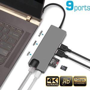 USB C Hub 9-in-1 Type C Adapter with 4K USB C to HDMI, 2 USB 3.0 Ports, 60W PD 3.0, Gigabit Ethernet, SD and Micro SD Card Reader, VGA Port, Audio Port for MacBook Pro 2019/2018/2017, XPS