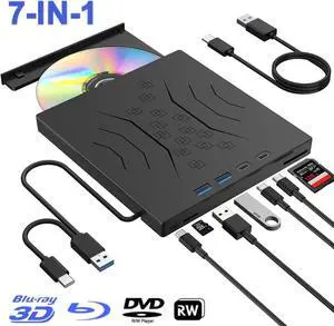 Aomoproing   [7 in 1] DVD External Blu-ray Drive, USB 3.0 Type-C External Bluray DVD Drive Burner with SD/TF Port - Support Disc R/W - External Disc Drive Compatible with Windows XP/7/8/10/11, Linux,