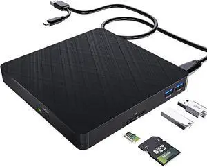 Aomoproing  5 in 1 External CD DVD Drive, USB 3.0 & Type-C Portable CD DVD Burner with SD/TF Card Reader and 2 USB Ports, External Optical CD/DVD Drives for PC Desktop/Laptop/Linux/Mac/Windows 11/10/8