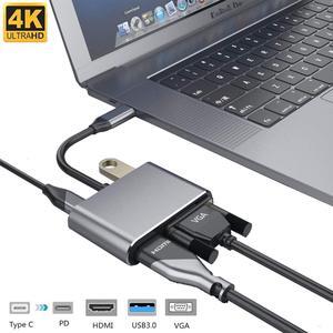USB C to 4K HDMI/VGA/USB3.0/PD port Multiport Adapter - Thunderbolt 3 Compatible - 4 in 1 USB-C HUB Compatible with MacBook/Pro/Air,iPad Pro,Tablets and More Type C Laptops -Silver