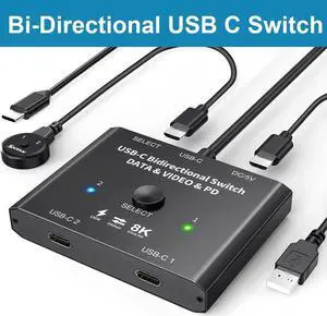 AomoproingUSB C Switch 2 in 1 Out or 1 in 2 Out, Bi-Directional USB Type C KVM Switch Support 8K @60Hz 4K @120Hz Video/10Gbps Data Transfer/100W Charging,Compatible with Thunderbolt Device