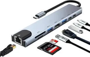 Aomoproing8 in 1 USB C Hub, Multiport USB Type C Adapter 8 Ports, Type-C Dongle USB-C to 4K HDMI, RJ45 Ethernet, PD Charger, USB 3.0 USB 2.0, SD/TF Card Reader, Type-C Data Port for USB C Laptops
