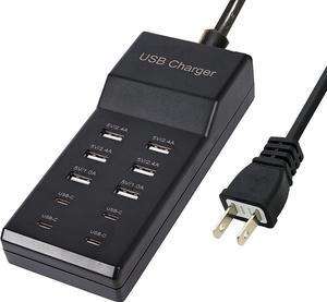 Aomoproing USB Charger,5V 10A(50W) USB Charging Station with 10-Port (6 USB-A Port & 4 USB-C Port) Compatible with iPhone 15/14/13/12/11/X/8/7/6 Phones, Watch,Tablets, Smartphones Black