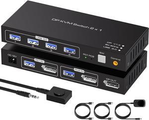 Displayport KVM Switch 2 PC 1 Monitor USB 3.0DP KVM Switcher 2 Port Two Computers to Share 4 USB Peripherals Support 8k 60hz 4k 120hz DP 1.4 Switches Includes Desktop Controller And Power Adapter