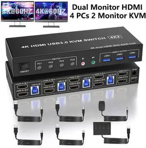USB 3.0 HDMI KVM Switch 2 Monitors 4 Computers, Support EDID, 4K@60Hz HDMI KVM Switch Dual Monitor 4 PCs, with Audio Microphone and 3 USB 3.0 Ports, PC Monitor Keyboard Mouse Switcher for 4 PC