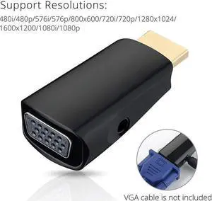 HDMI to VGA Adapter with Audio Cable, Gold-Plated 1080P HDMI to VGA Converter with 3.5mm Audio Port for PC,Laptop,DVD,Projector,HDTV,Xbox,STB,Intel Nuc,Chromebook,Android TV Box -Black