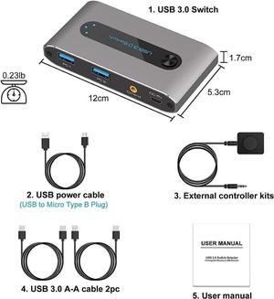 Aomoproing    USB 3.0 Switch, 2 in 4 out USB 3.0 Switch, USB KVM Switcher 2 Computer Sharing 4 USB Devices with Wire Desktop Controller and 2 Pack USB 3.0 A-A Cable