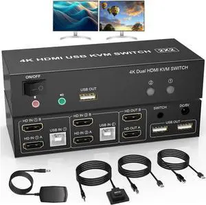 Dual Monitor KVM Switch HDMI 2 Port, 4K@60Hz Extended Display HDMI KVM Switch 2 Monitors 2 Computers with Audio Microphone Output and 3 USB Ports, PC Monitor Keyboard Mouse Switcher