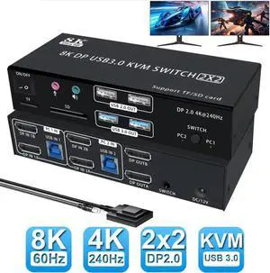 4K@240Hz Dual Monitor DP 2.0 KVM Switch, 8K@60Hz USB 3.0 Displayport KVM Switch 2 in 2 out, Displayport KVM Switch 2 Monitors 2 PCs, with Audio Microphone Output and 4 USB Ports & SD/TF Solts
