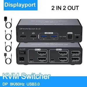 8K 2 in 2 Out DisplayPort KVM Switch 2 Monitors 2 Computers 4K120Hz, Aluminum Dual Monitor Displayport USB 3.0 KVM Switches for 2 PC Sharing One Monitor & 4 USB Devices with Desktop Controller