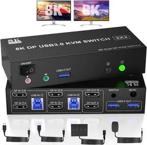 Displayport KVM Switch Dual Monitor 8K@60Hz/4K@144Hz, DP 1.4 USB 3.0 KVM Switcher for 2 Computers Share 2 Monitors and 3 USB Devices with Audio Microphone, Support Extended & Mirror Mode