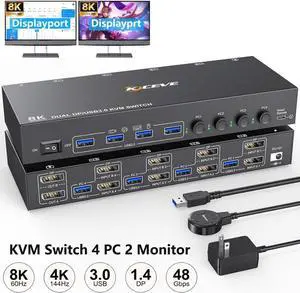 Displayport KVM Switch 4 Computer 2 Monitors, Dual Monitors Displayport USB 3.0 KVM Switcher, Supports 8K@30Hz 4K@60Hz for 4 DP Computers Share 2 DP Monitors, Keyboard and Mouse