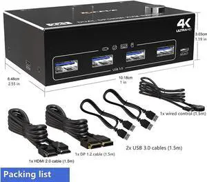 Dual Monitor Displayport HDMI USB 3.0 KVM Switch 2 Computer 2 Monitors, DP HDMI KVM Switcher Supports 4K @60Hz for 2 Computers Share Keyboard, 4 USB 3.0 Ports, Wired Remote and 4 Cables Included