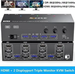 KVM Switch 3 Monitors 3 Computers 8K@60Hz, HDMI + 2* Displayport Triple Monitor KVM Switch with 4 USB 3.0 Ports for Keyboard Mouse Printer, Wired Remote, USB Cable and Power Adapter Included