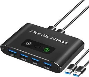 2 in 4 Out USB Switch, USB 3.0 Switch, Aluminum KM Switch 2 Computers Sharing 4 USB Devices KM Switches 5V USB-C Powered for PC Printer Scanner Mouse Keyboard with 2 USB 3.0 Cable, One Button Switch