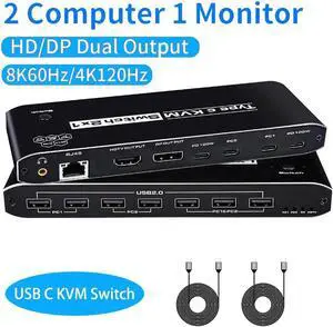 Type-C KVM Switch 8K@60Hz, USB C KVM Switches for 2 Laptops Share 1 HDMI or 1 DP Out Single Monitor and Keyboard Mouse + AUX Audio Out with RJ45 Ethernet Port, PD 100W Charge for 2 Laptops