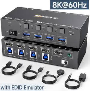 8K@60Hz KVM Switch HDMI 4 Port, 4 PC 1 Monitor HDMI KVM Switch 4 in 1 Out, EDID Simulation, For 4 Computers Share 1 Monitor and 4 USB 3.0 Port, with Wired Remote, Power Adapter & USB 3.0 Cable