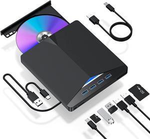 USB 3.0 & Type C External CD/DVD Drive, 7 in 1 USB 3.0 USB C DVD Player Portable CD/DVD Burner, CD ROM External DVD Drive Compatible with Laptop Desktop PC Windows 11/10/8/7 Linux Mac OS (Jet Balck)